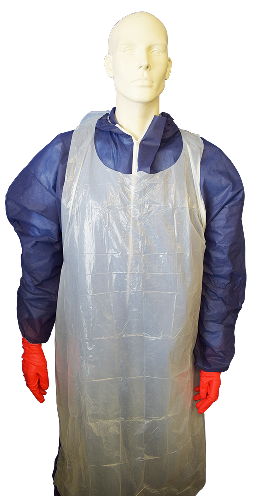 Mediflex disposable apron worn over blue protective clothing with red gloves on mannequin
